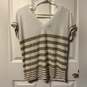 Bobeau White and Brown Striped V-Neck Top